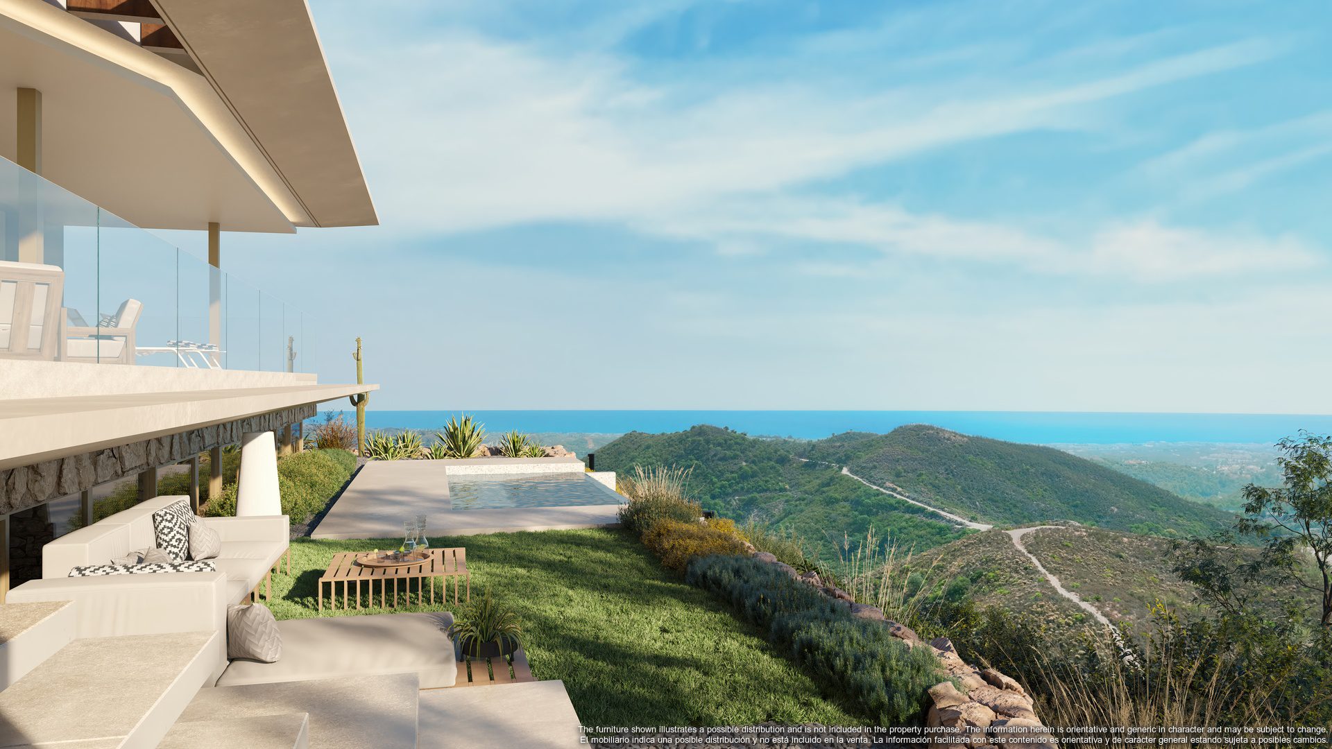 Mimosas_350.Apartment Villa Garden. Detail of Terrace+Pool+Leisure area+Garden+Views.render